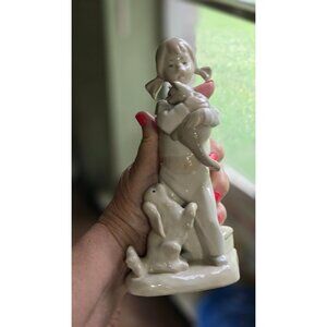 Lladró Figurine Girl with Cat & Dog 1960s Spain Porcelain Glossy Collectible